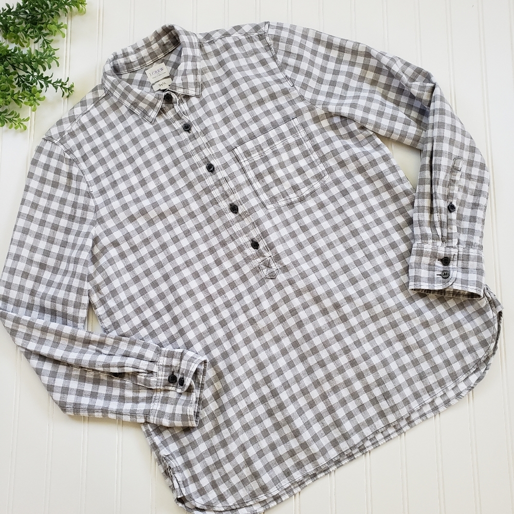 J Crew Boy Fit Popover Plaid Button Front Shirt Gray White size Small